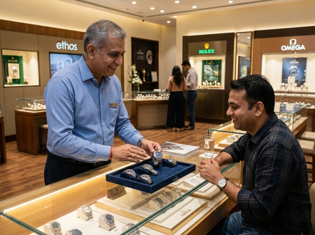 Customer consultation inside Time And Opticals showroom